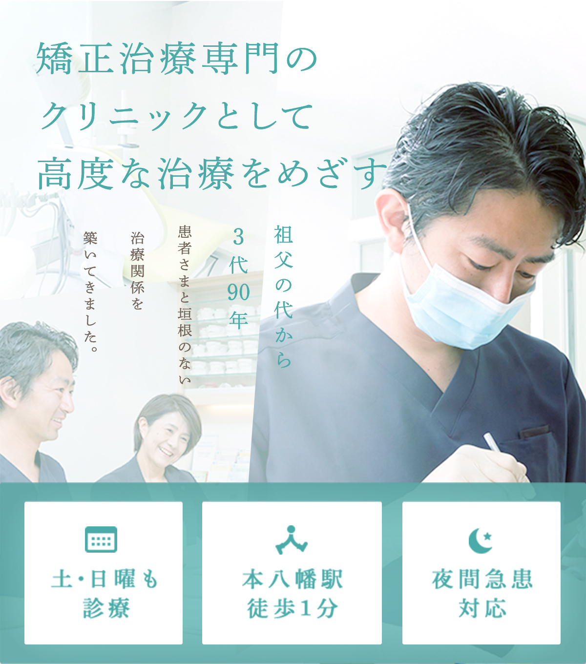 できるだけ歯を抜かない矯正治療を目指します 祖父の代から3代80年「痛みの少ない治療」をモットーに、患者さまと垣根のない治療関係を築いてきました。